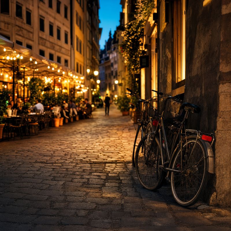 Belebte Straße am Abend mit warmem Licht aus Bars und Restaurants