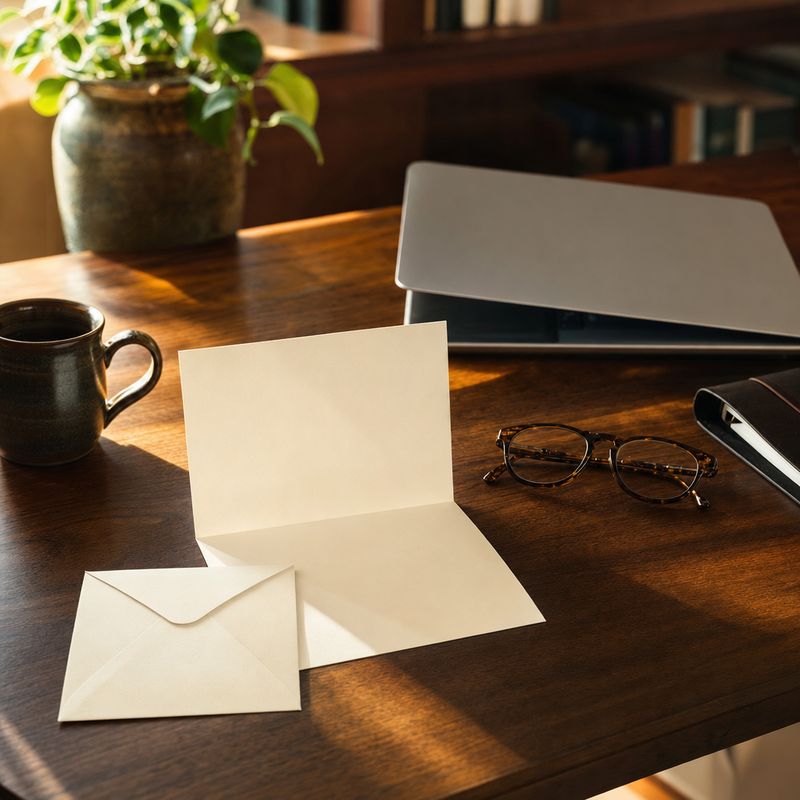 Schreibtisch mit geöffnetem Brief, Brille und Laptop