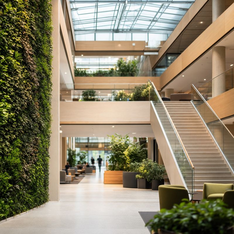 Helles Bürofoyer mit offener Treppe und Tageslicht