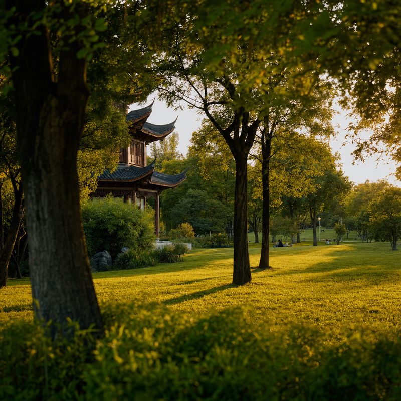 Großer Stadtpark mit hölzernem Turm zwischen alten Bäumen