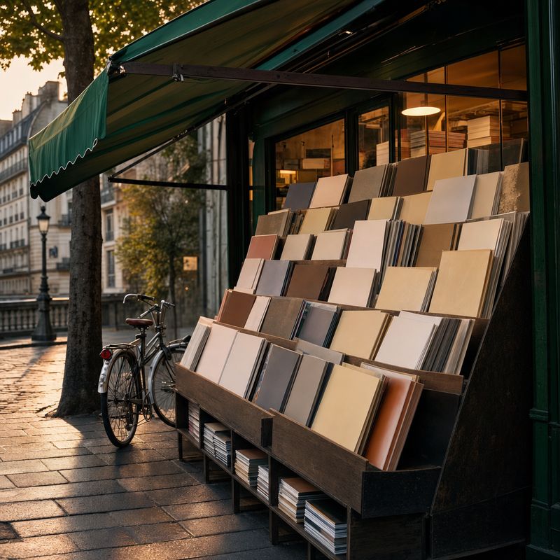 Zeitschriftenkiosk am frühen Morgen mit gestapelten Heften
