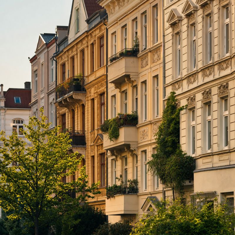 Reihe von Altbauten mit Stuckfassaden und Balkonen