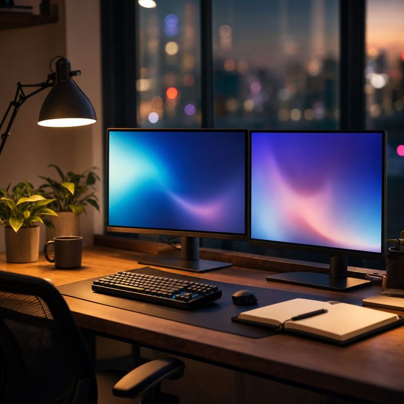 Arbeitsplatz eines Entwicklers am Abend mit zwei Monitoren