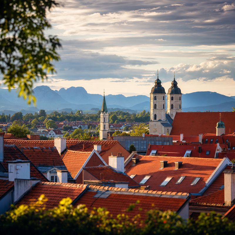 Rote Ziegeldächer der Altstadt unter dramatischen Wolken