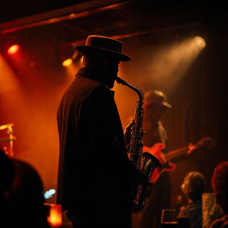 Saxofonist im warmen Bühnenlicht eines kleinen Clubs