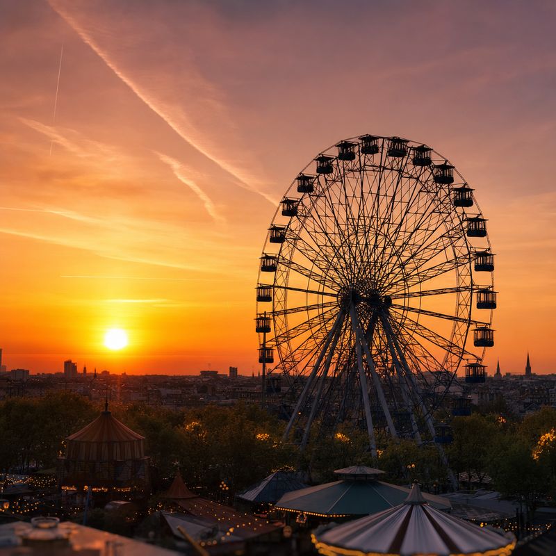 Riesenrad im Sonnenuntergang über Bäumen und Dächern