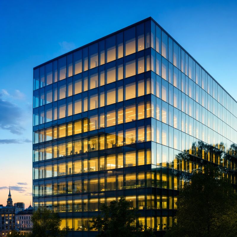 Glasfassade eines Bürogebäudes zur blauen Stunde