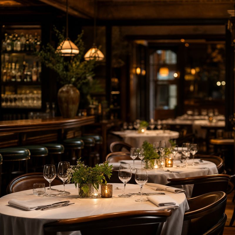 Warmes Restaurantinterieur am Abend mit eingedeckten Tischen