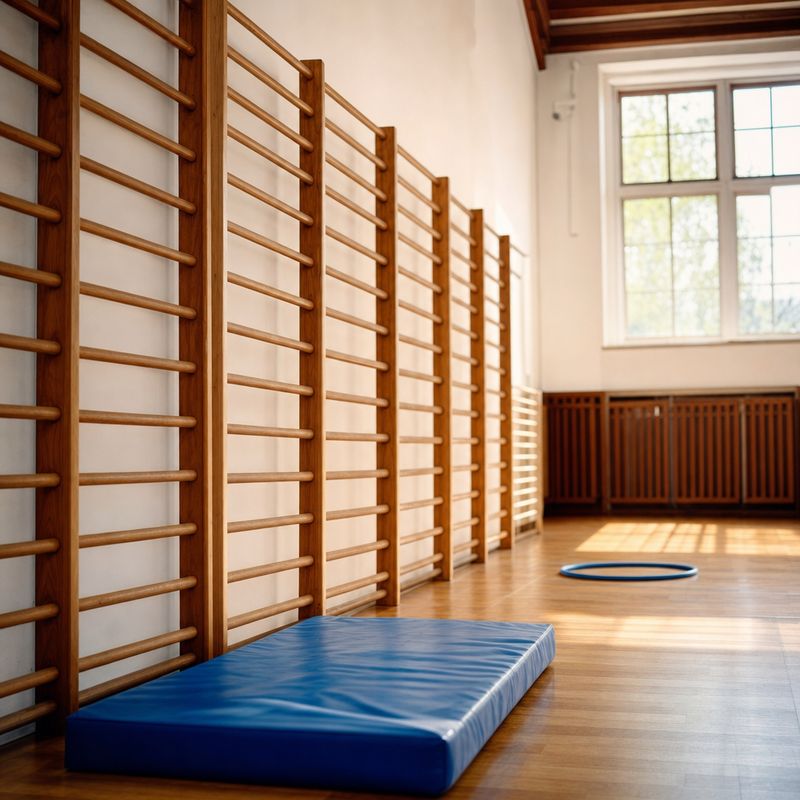 Hölzerne Sprossenwand in einer hellen Turnhalle mit Matte davor