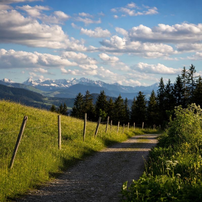 Wanderweg durch Voralpenwiesen mit Bergen am Horizont